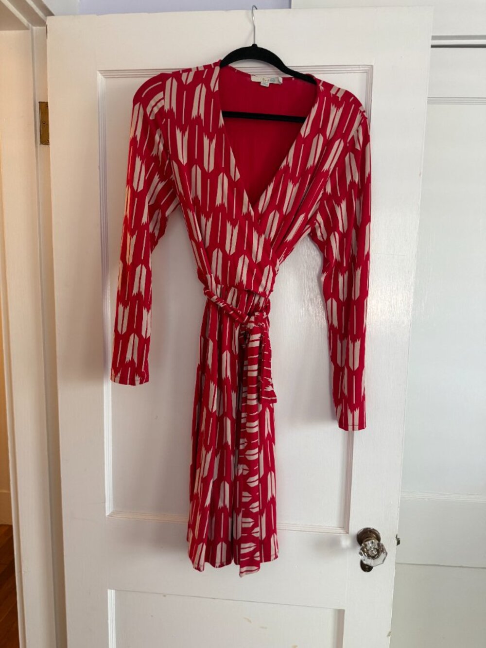 Boden Henrietta Faux Wrap Long Sleeve Jersey Dress, Red/Cream 14R